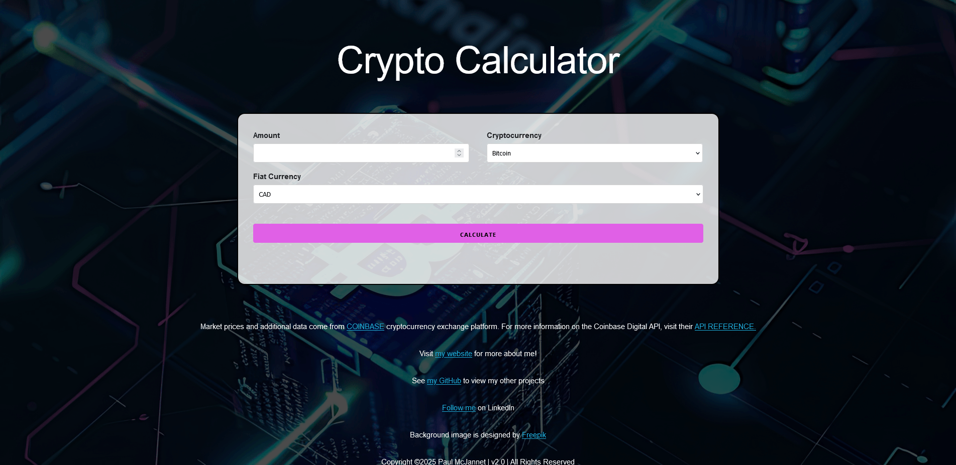 Screenshot of simple calculator converting crypto currency amounts into fiat worth