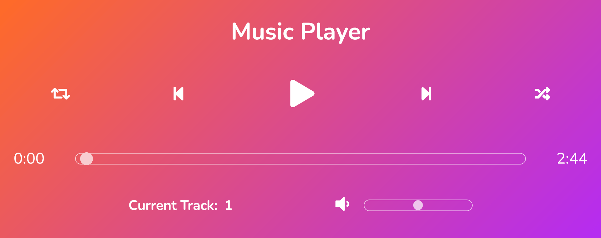 Screenshot of a music player with pink and orange background with play, pause and skip buttons