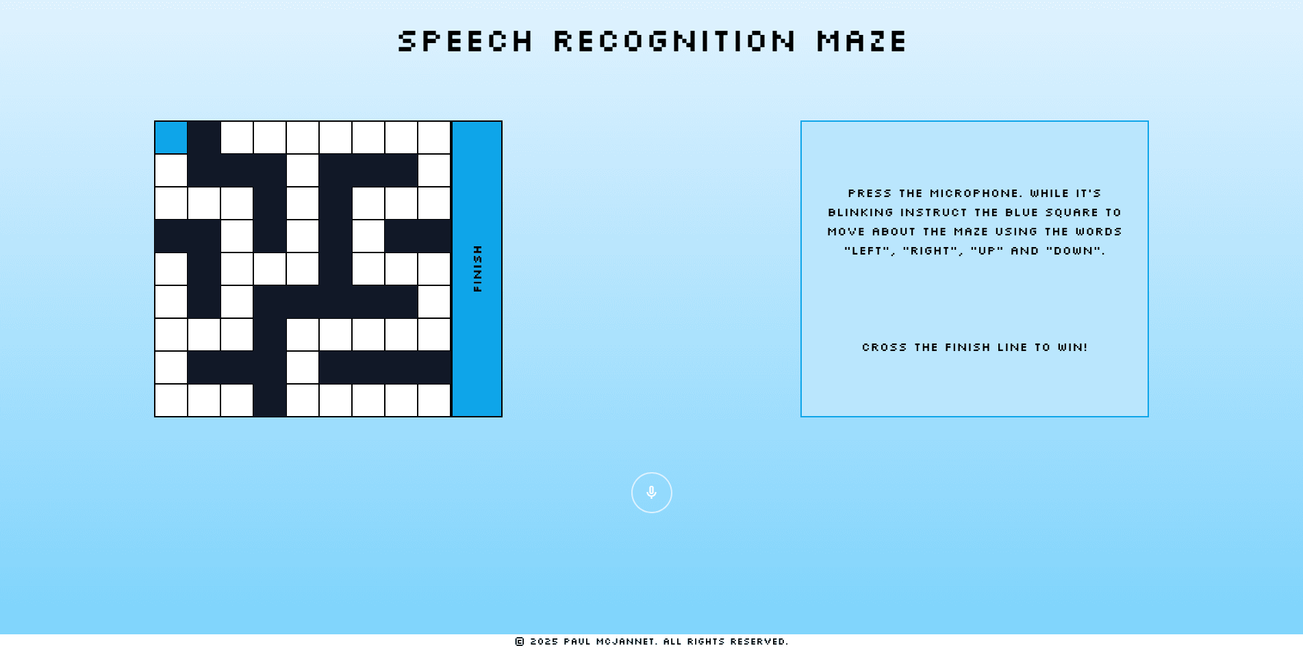 Screenshot of randomly generated maze with blue background and microphone button to start the application