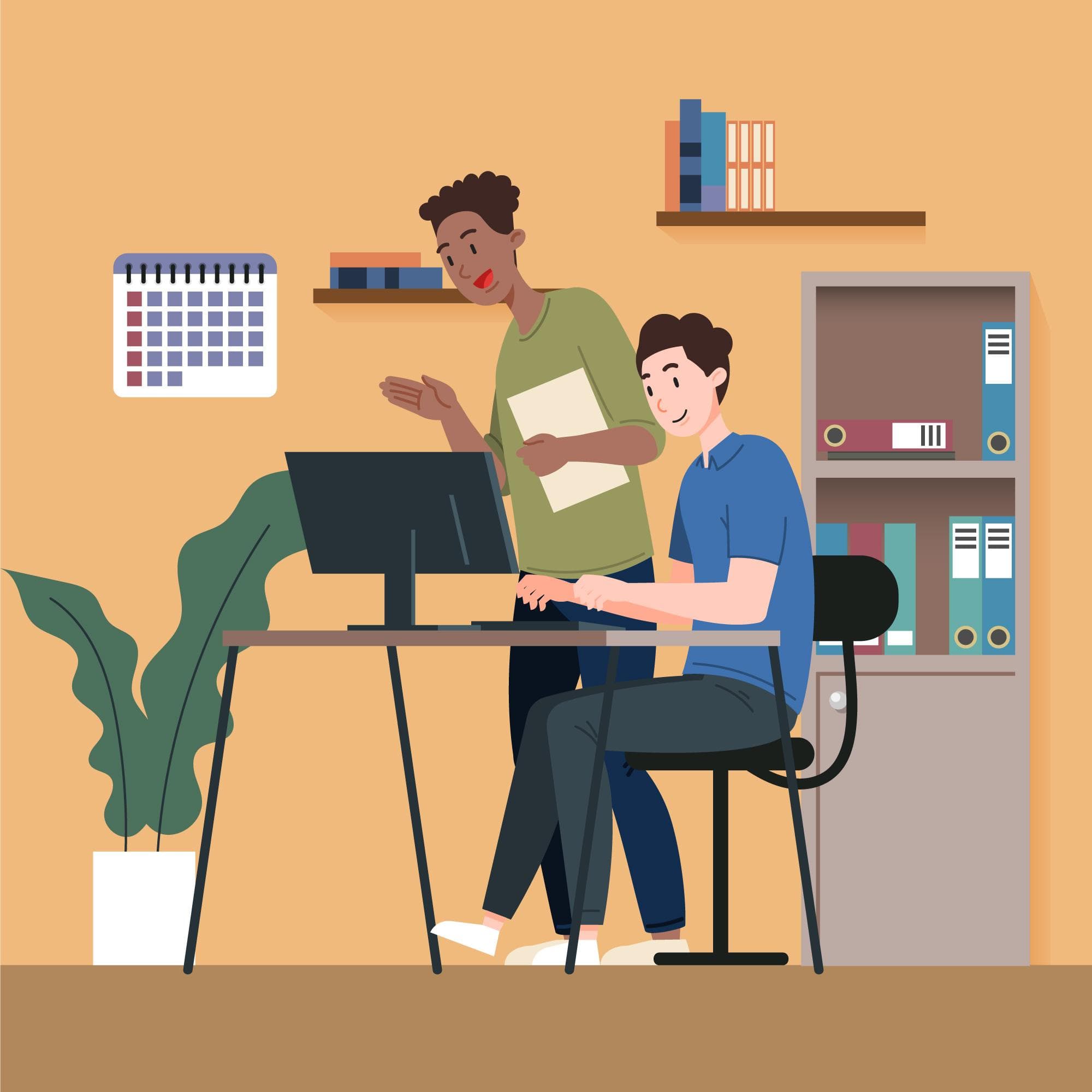 Cartoon of two people working on a computer at a desk with books and calendar in background