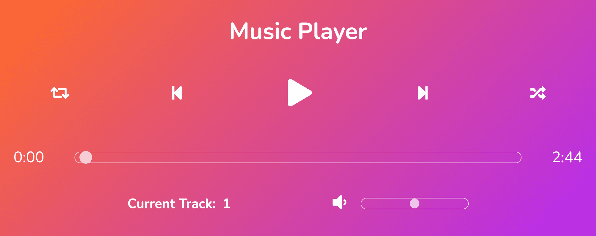 Screenshot of a music player with pink and orange background with play, pause and skip buttons